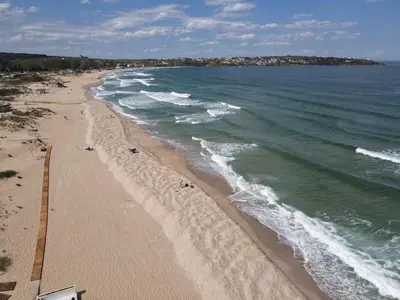 an aerial view of a beach with the ocean at Lily Beach - Apartment 408A in Sozopol