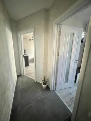 a hallway with two doors and a potted plant at Dream in Varna City