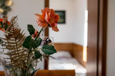 a vase filled with orange flowers on a table at Roman Thermae 2bdrm Sunny Apartment in Varna City