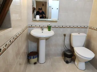 a bathroom with a toilet and a sink and a mirror at Kamelya Guest Studio in Nesebar