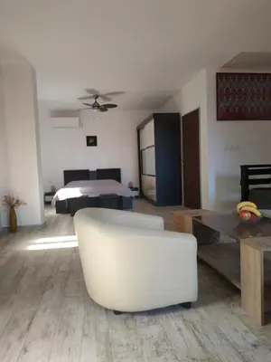 a living room with a white chair and a couch at Къщата с разкопките - The house with the excavations in Sozopol