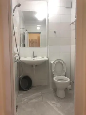 a bathroom with a toilet and a sink and a mirror at Borko Guest House in Primorsko