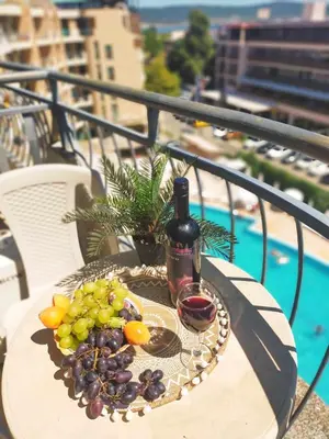 a table with a plate of fruit and a bottle of wine at Sunrise Studio Grenada in Sunny Beach