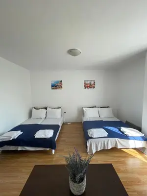 a bedroom with two beds and a rug at Villa Flora SP apartments in Ravda