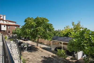 a balcony with a bench and a tree at Effect Saint Mina in Sozopol