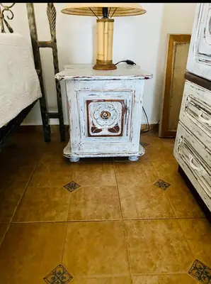 a white table with a lamp on top of a floor at Complex Monastery 1 -Marina Dinevi -Saint Vlas in Sveti Vlas