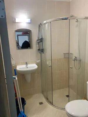 a bathroom with a shower and a toilet and a sink at Свети Йоан in Sozopol