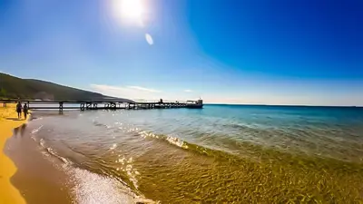 a beach with a pier in the water at William's apartments - fourth pretty studio in Sveti Vlas