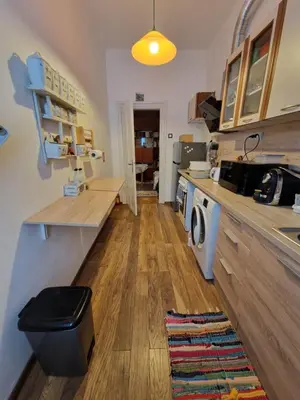 a kitchen with a counter and a washer and dryer at Етаж от къща с двор in Burgas City