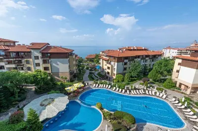 an aerial view of a resort with a swimming pool at Liliya in Sveti Vlas