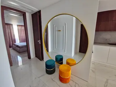 a mirror in a bathroom withools in front of it at Diamond Beach Sarafovo by KP - Luxury Collection, Apt 6 in Burgas City