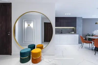 a room with a mirror and some chairs and a table at Diamond Beach Sarafovo by KP - Luxury Collection, Apt 6 in Burgas City