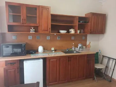 a kitchen with wooden cabinets and a microwave and a sink at Апартамент Александр 1 in Burgas City