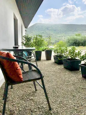 a chair on a porch with a table and potted plants at Drive Point (Adventure Lake Resort) in Asparukhovo