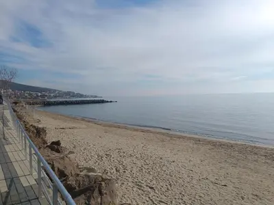 a beach with a fence next to the water at Studio Sveti Vlas 