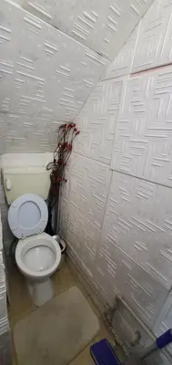a bathroom with a toilet with a wall at DELUXE TOP CENTER House with garden's tent ,2 bedrooms and living room next to the BEACH and SEA GARDEN- 5 min by walk,with equiped kitchen in Burgas City