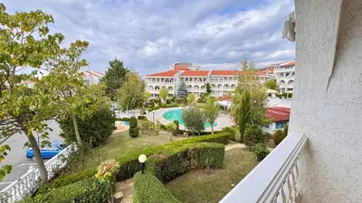 an aerial view of a resort with a swimming pool at Fantastic Apartment in Sveti Vlas in Sveti Vlas