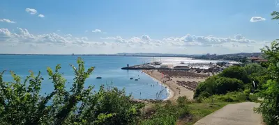 a view of a beach with boats in the water at Two room apartment in Etara 3, Sveti Vlas in Sveti Vlas