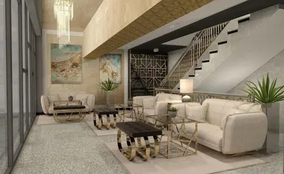 a living room with white furniture and a staircase at Paradiso Dreams Hotel in Nesebar