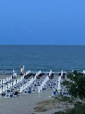 a bunch of chairs and chairs on a beach at Apart hotel Gallery A in Sunny Beach