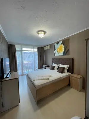 a bedroom with a large bed and a television at Apart hotel Gallery L in Sunny Beach