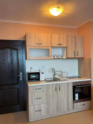 a kitchen with wooden cabinets and a sink and a microwave at Apart hotel Gallery L in Sunny Beach