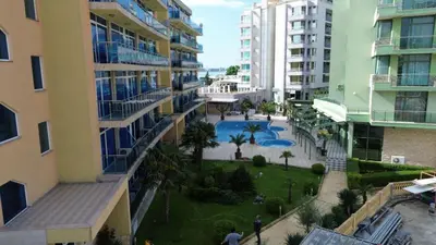 an aerial view of an apartment complex with a swimming pool at Apart hotel Gallery Studio in Sunny Beach