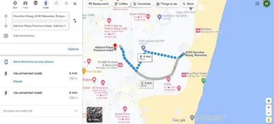 a screenshot of a google map with the route of a hike at Admiral Plaza Apartment , Large swimming pool , 5 min walking to the beach in Sunny Beach