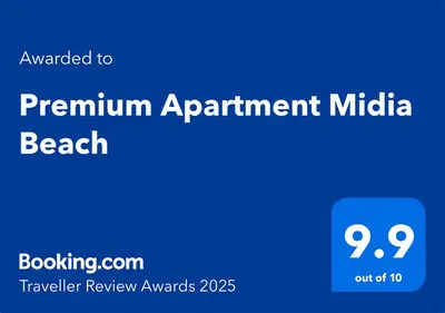a blue sign with the words premium appointment in the middle at Premium Apartment Midia Beach in Sunny Beach