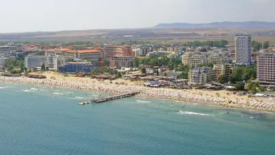 an aerial view of a beach and a city at Premium Apartment Midia Beach in Sunny Beach