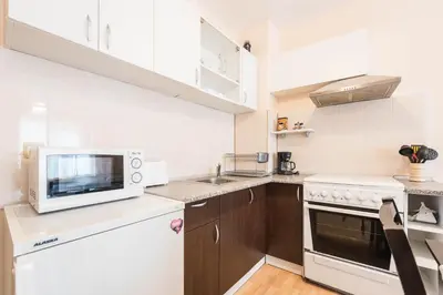 a kitchen with a microwave and a stove at Sea&Park Apartment in Varna City