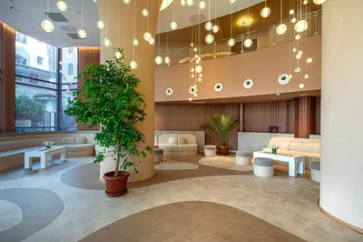 a lobby with couches and tables and a tree at Hotel Zenith in Sunny Beach