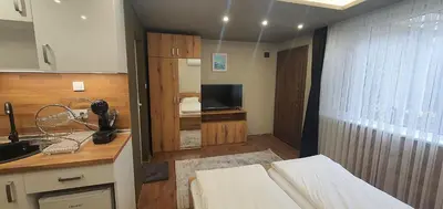 a room with a kitchen with a sink and a bed at KALI GUEST ROOM in Varna City