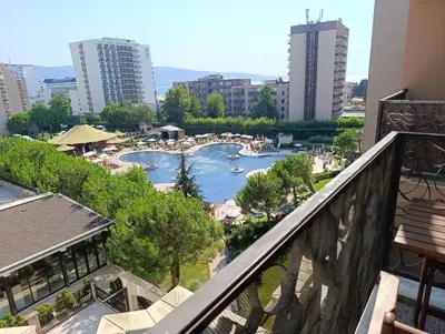 a view of a water park from a balcony at Reina Apart Barcelo Beach in Sunny Beach