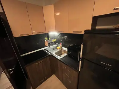 a small kitchen with a sink and a refrigerator at Vqra Sarafovo in Burgas City