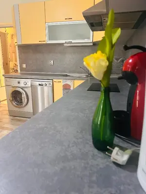 a green vase with a yellow flower in a kitchen at Green Central Apartment in Varna City